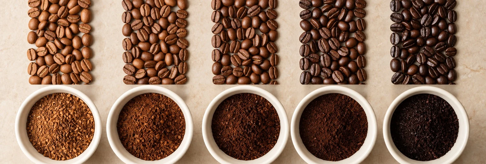 Grãos e café moído em diferentes tonalidades de torra