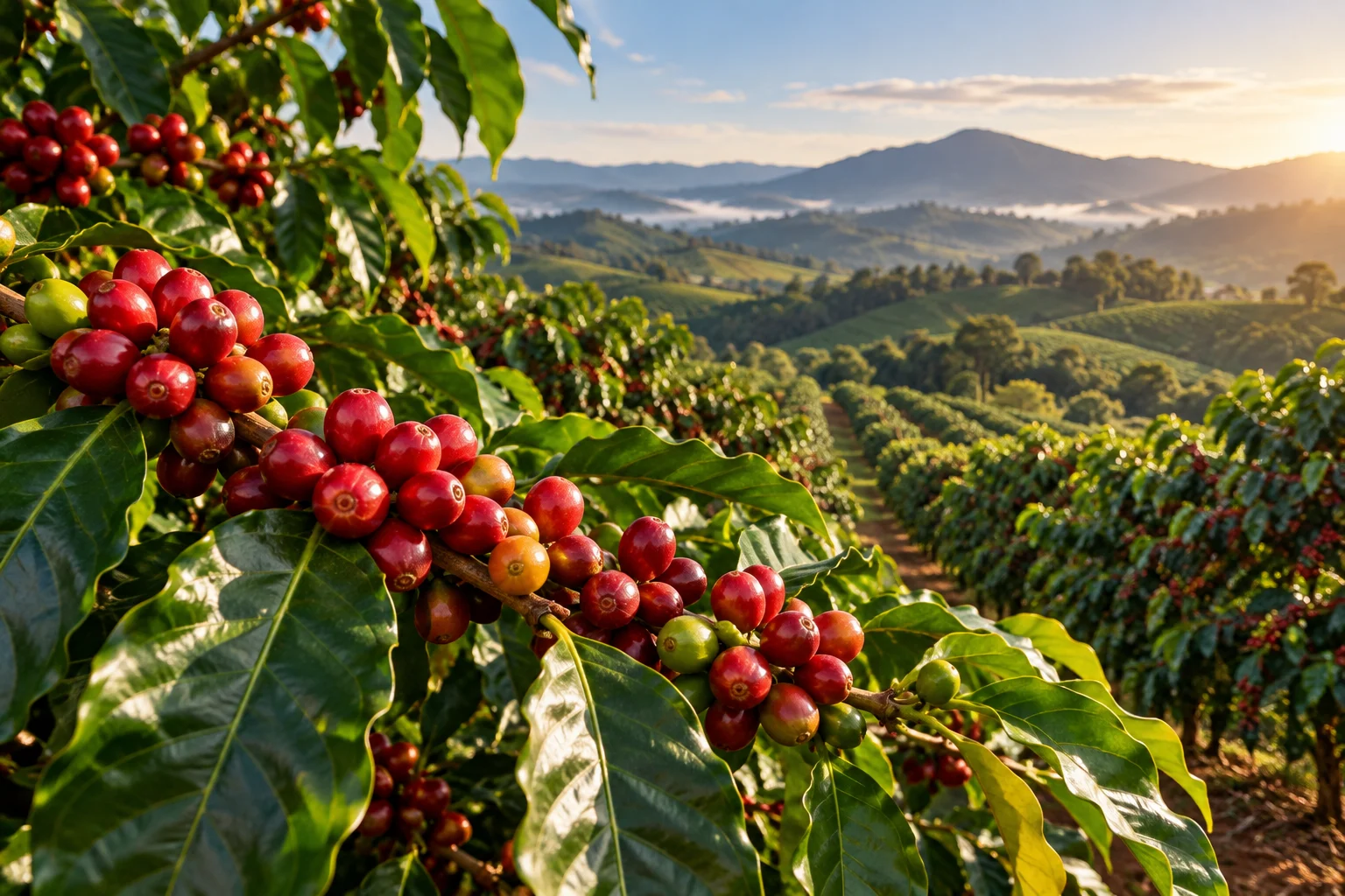 Frutos maduros de café em destaque na plantação