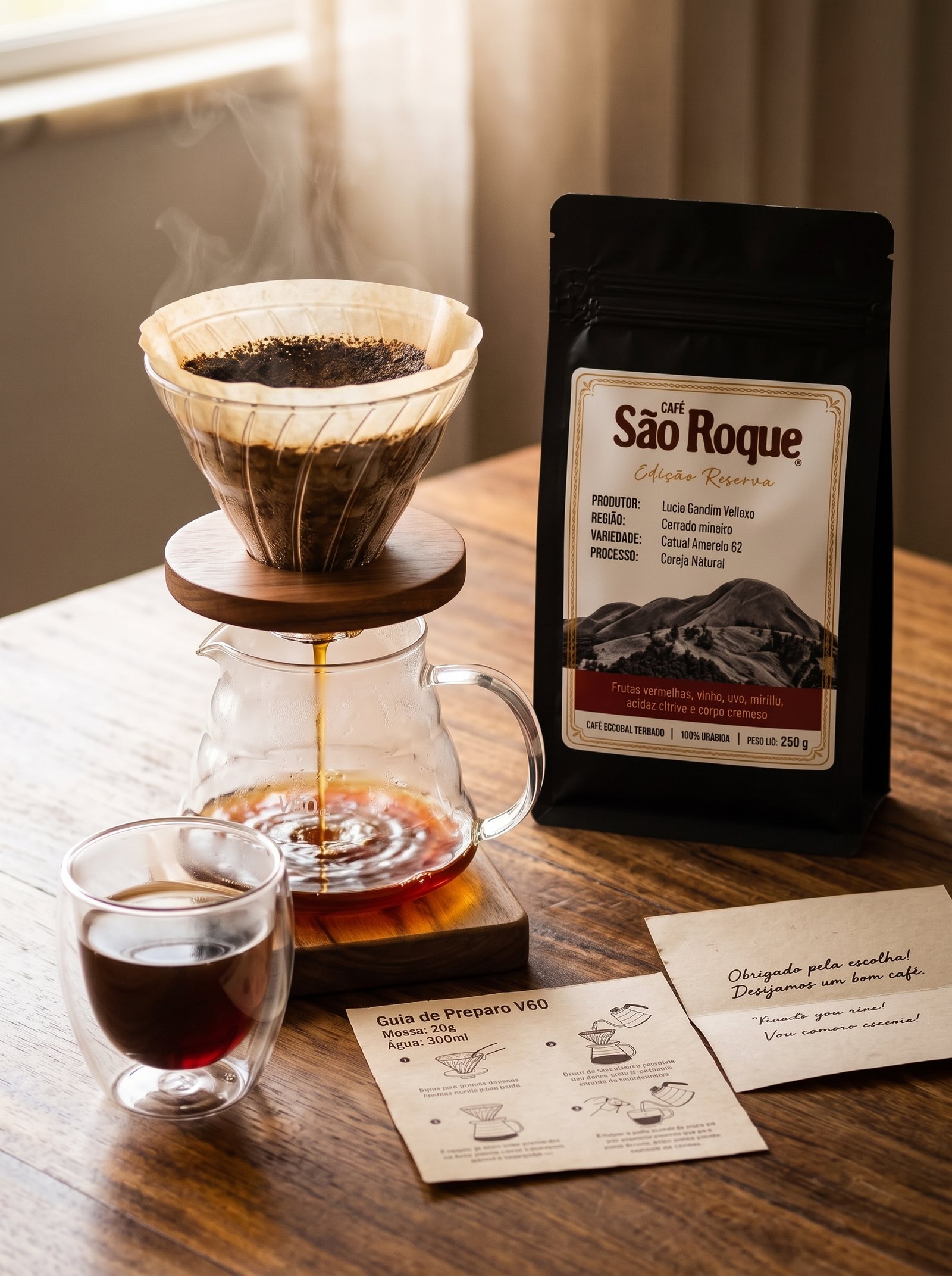 Café São Roque Edição Reserva com café coado, guia de preparo e cartão de agradecimento