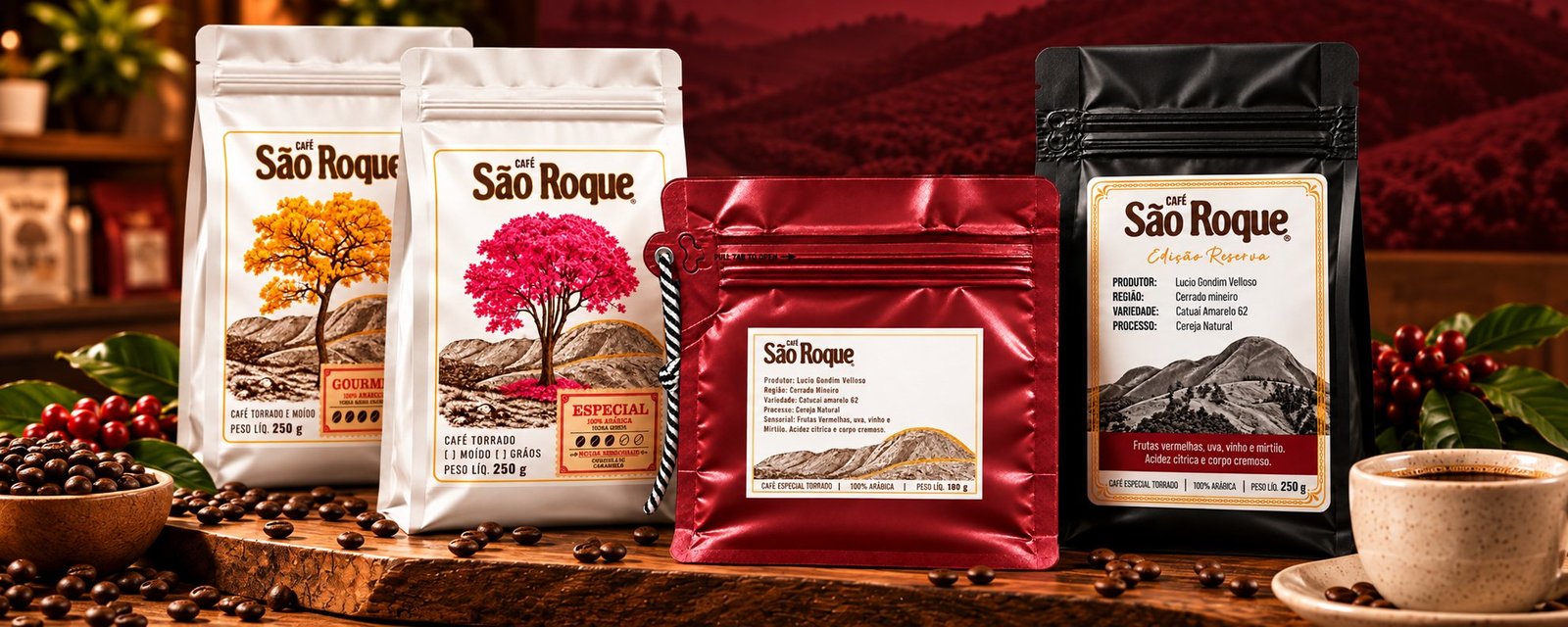 Pacotes de Café São Roque das linhas Gourmet, Especial, Descobertas e Reserva sobre a mesa, com grãos e uma xícara de café