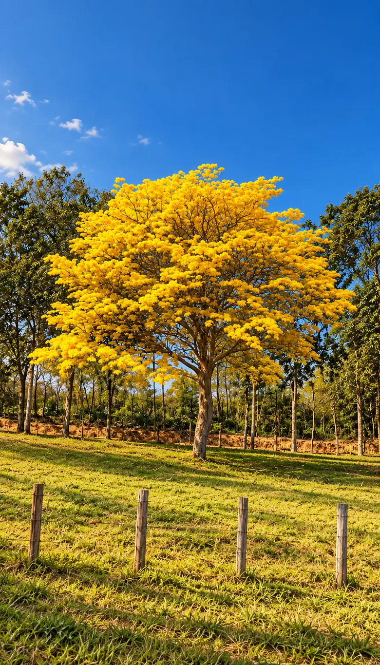 Ipê-amarelo florido na paisagem rural do interior de São Roque