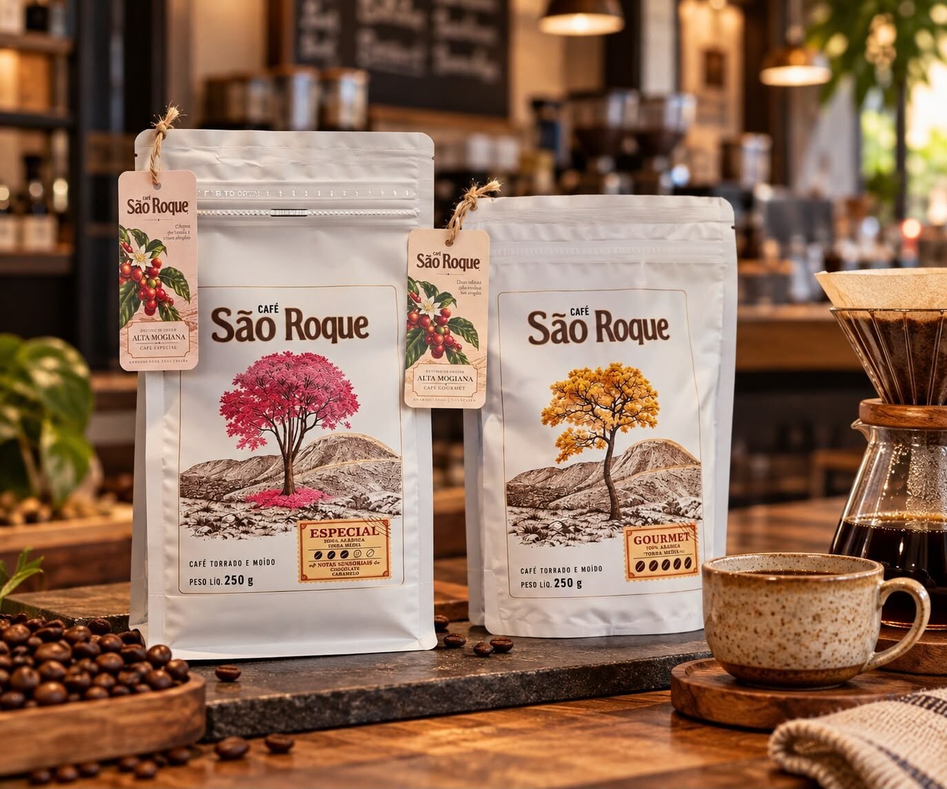 Pacotes de 250 g do Café São Roque Especial e Gourmet no balcão de uma cafeteria, ao lado de uma xícara e de um coador