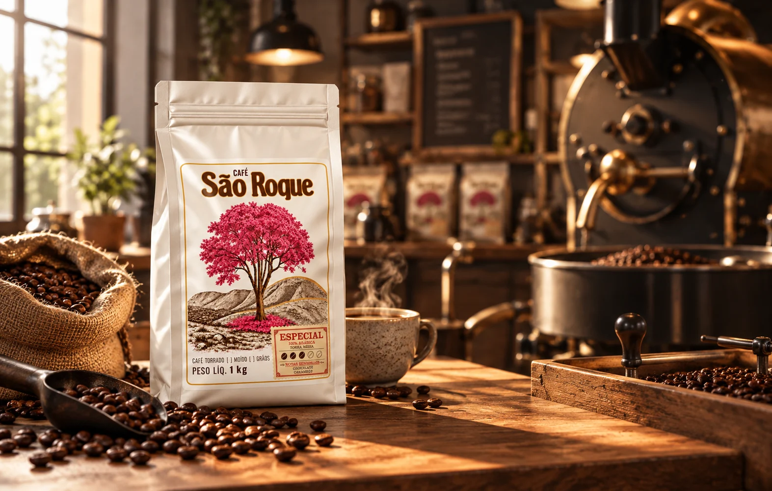Pacote de 1 kg de Café São Roque Especial em uma torrefação rústica